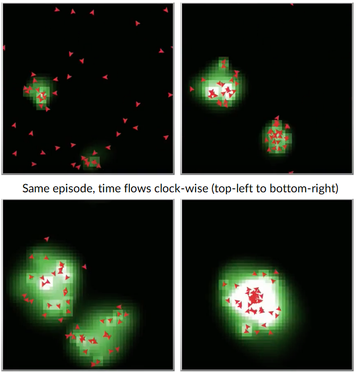 Learning to coordinate in swarms: agents learn to send/receive pheromone signals as a communication means.
